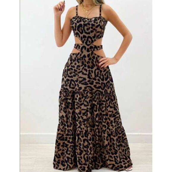 Shein Leopard Print Tiered Cut Out Midi / Maxi Dress Spaghetti Strap Size Large - Picture 1 of 7